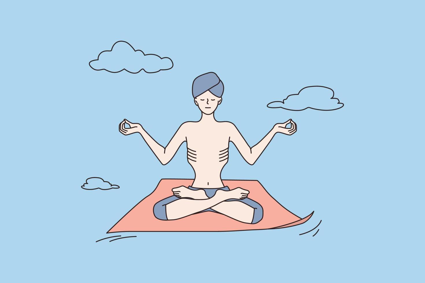 yogui hombre en turbante meditar práctica yoga en loto posición mudra manos. calma indio masculino gurú instructor tener meditación sesión, respirar Fresco aire aliviar negativo emociones vector ilustración.