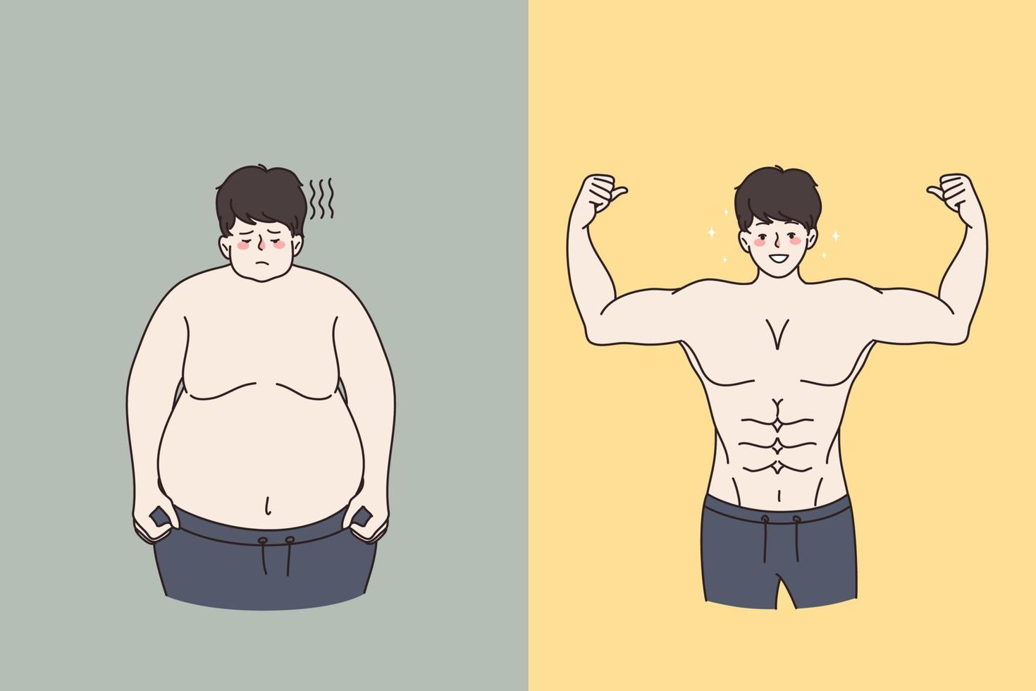 hombre antes de después peso pérdida. infeliz inseguro obeso grasa masculino y sonriente muscular tonificado sano estilo de vida concepto. dieta y nutrición planificación. deporte y ejercicio resultado. vector ilustración.