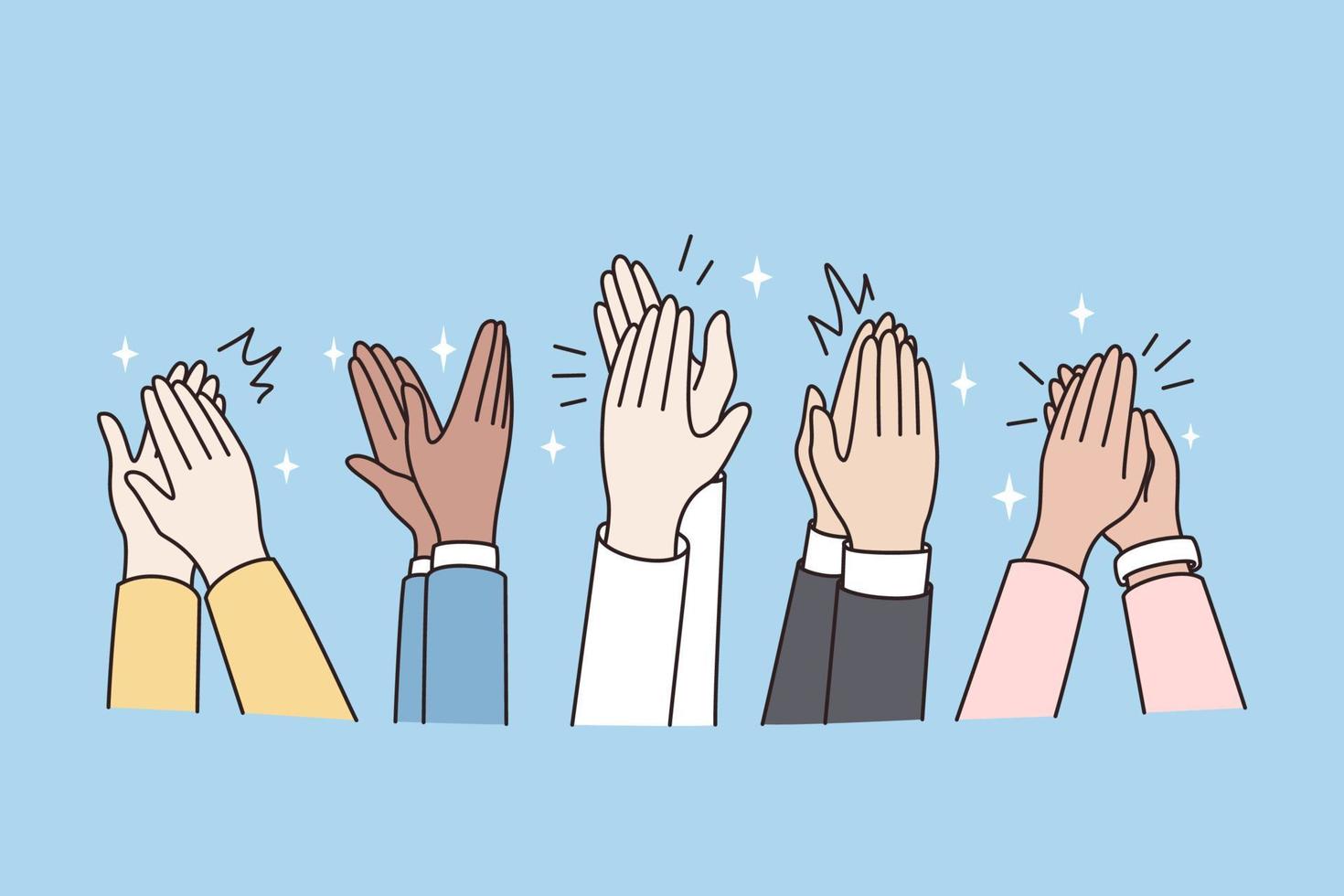 People hands applaud thank speaker or trainer for presentation. Excited audience clap after concert or performance. Acknowledgement, triumph, ovation concept. Flat vector illustration.