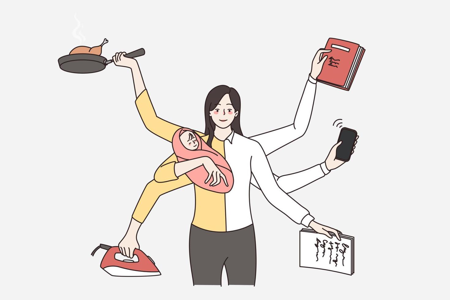 Successful businesswoman and good young mother multitask manage parenthood and work. Smiling confident mom and worker balance. Career and motherhood concept. Vector illustration.