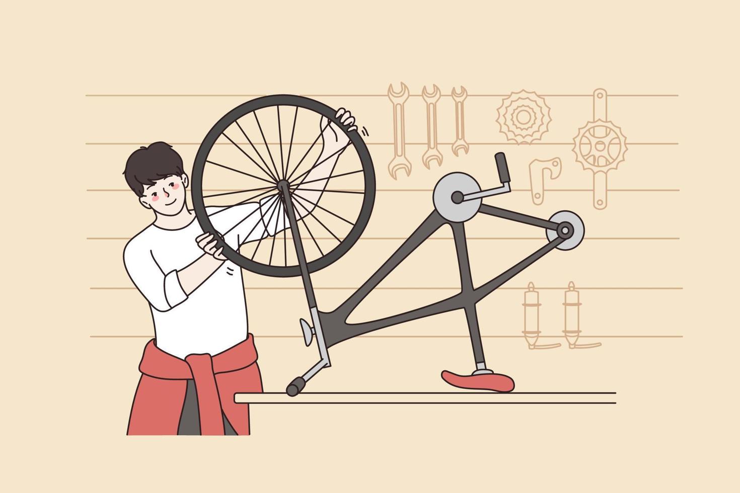 sonriente joven hombre reparar bicicleta en mesa en garaje o taller. contento chico mecánico fijación bicicleta en tienda. pequeño negocio o emprendedor, bueno Servicio concepto. plano vector ilustración.