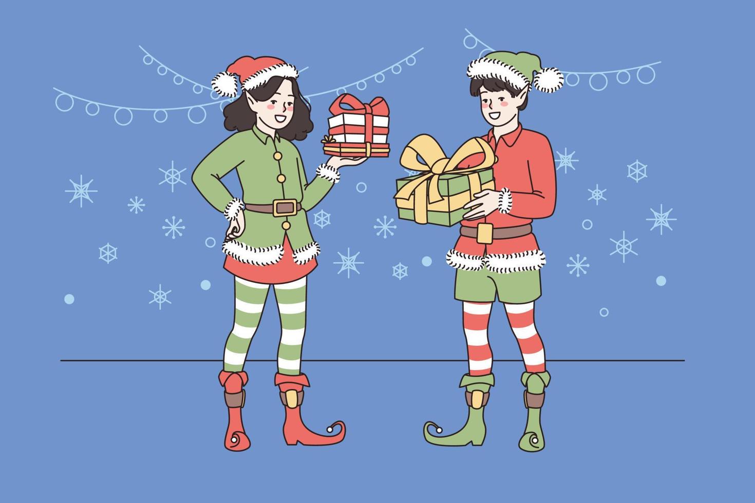 Smiling Santa helpers in festive costumes holding presents congratulate children on Christmas eve. Happy girl and boy elves with gifts greeting with New Year. Winter holiday. Vector illustration.