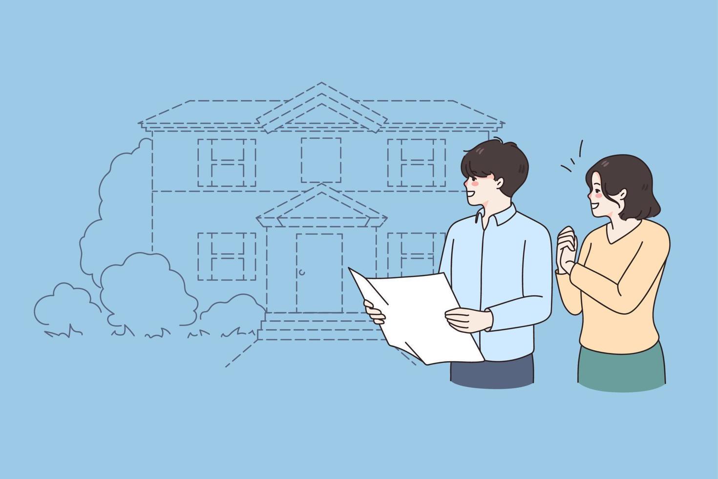 Buying new apartment and real estate concept. Young family husband and wife standing with contract looking at their new apartment exterior vector illustration