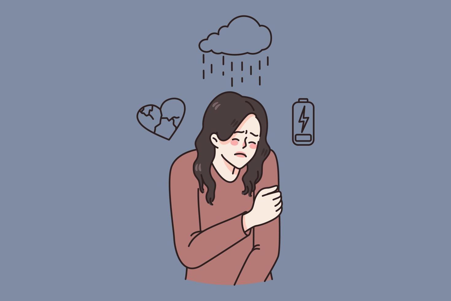 Unhappy young woman have different feeling, suffer from stress and anxiety. Upset anxious girl struggle with bipolar disorder or depression. Psychological and mental help. Flat vector illustration.