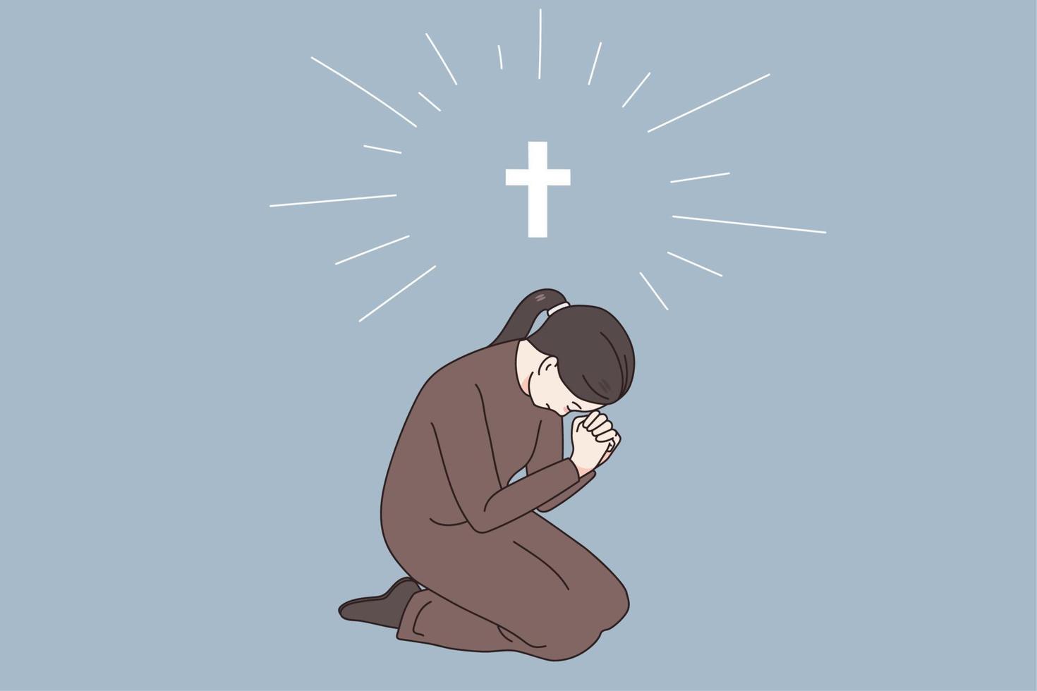 Religion praying and believe in god concept. Young woman nun sitting with hands crossed praying to god in religious gesture spiritual blessing vector illustration