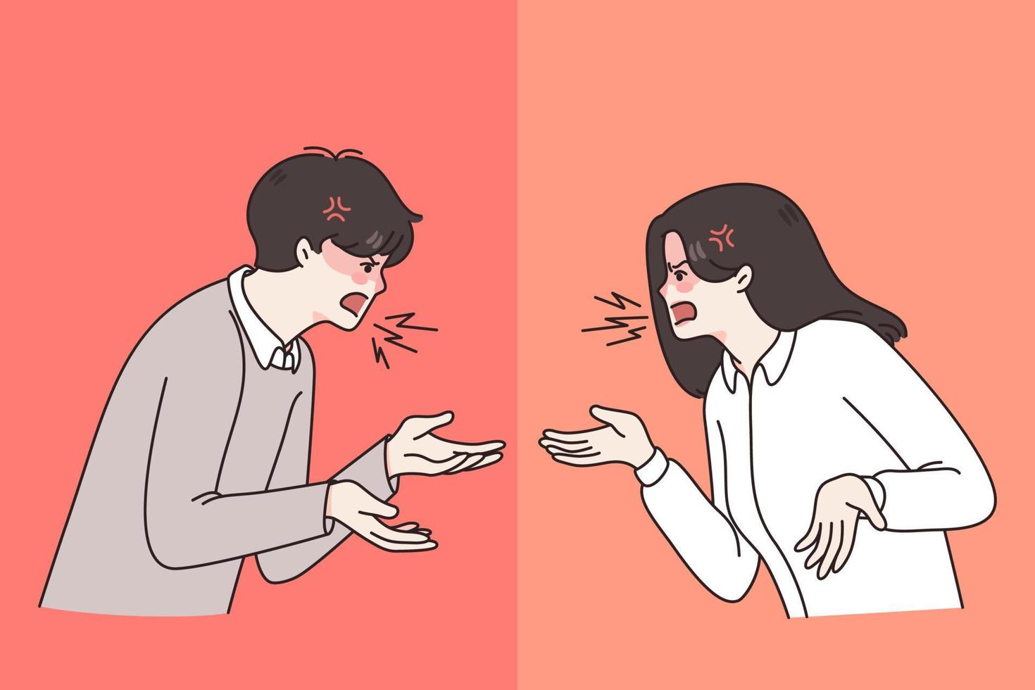 Furious couple yell scream at each other suffer from misunderstanding in relationships. Angry man and woman shout, have family fight or argument. Breakup, divorce concept. Vector illustration.