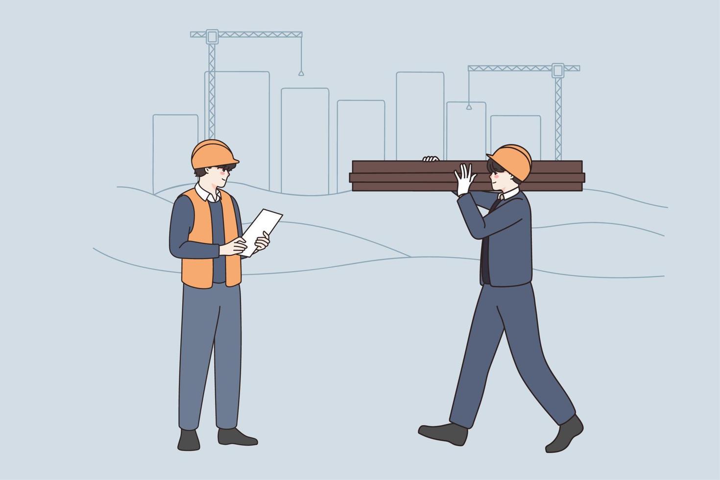 Construction industry and workers concept. Young smiling workers builders in helmets and uniform standing managing and carrying materials vector illustration