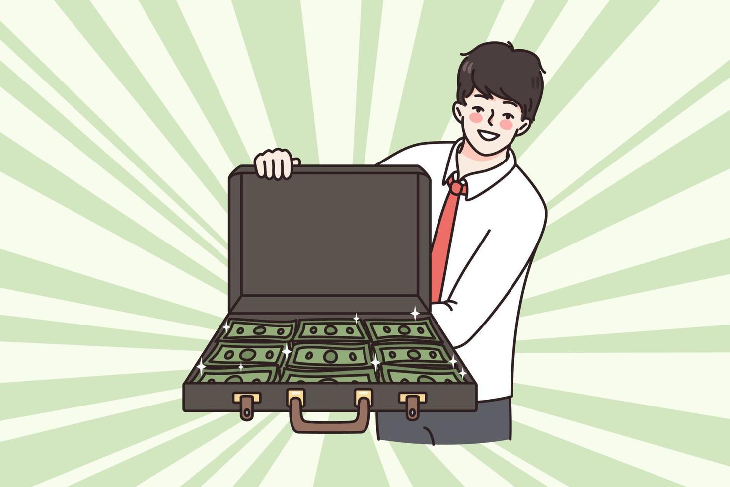 Smiling successful businessman hold open suitcase full of cash offer good business deal. Happy confident man investor carry money in baggage. Investment and finance concept. Vector illustration.