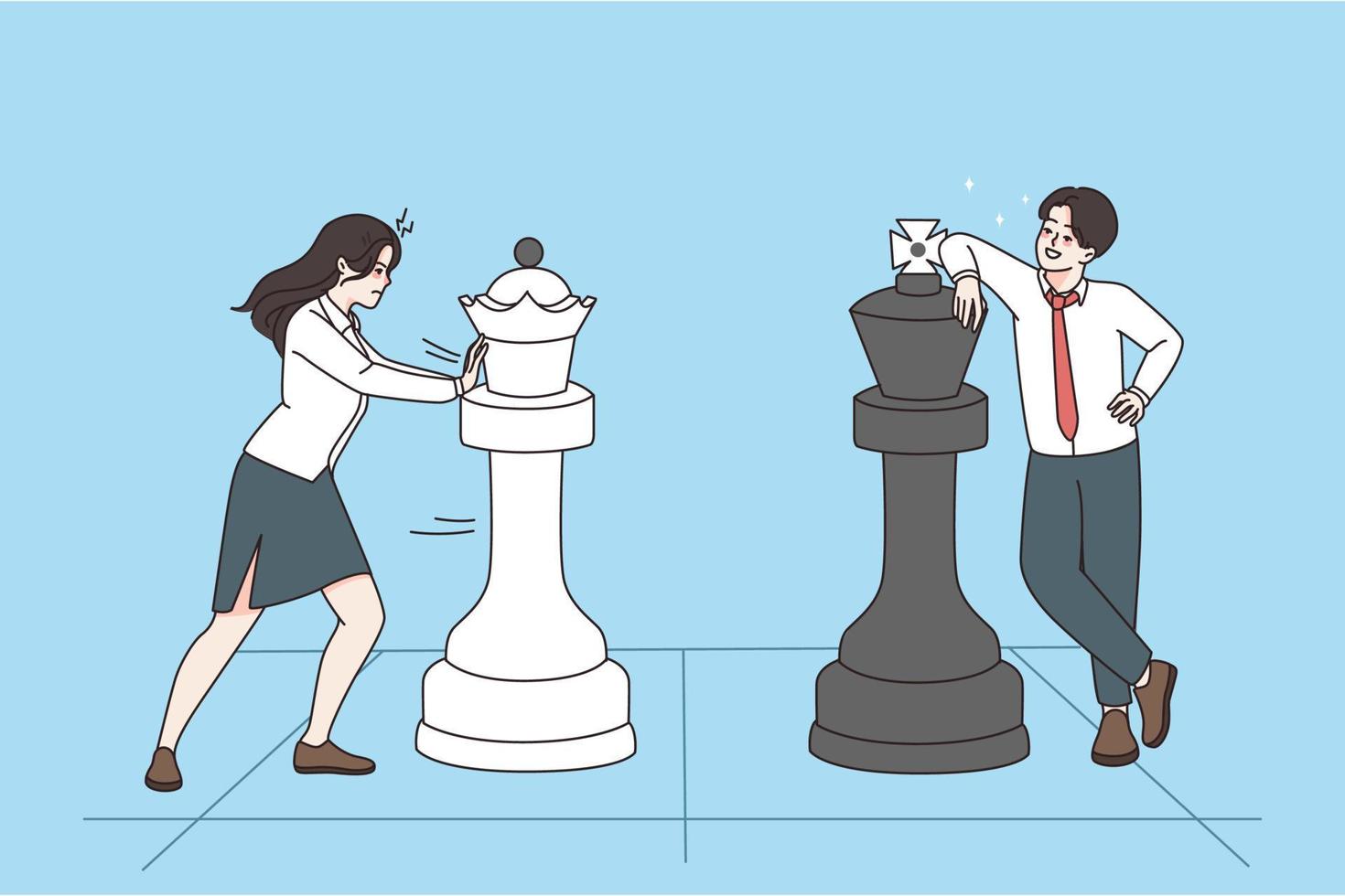 Business strategy and competition concept. Business people woman and man standing and playing chess with chess figures during rivalry vector illustration