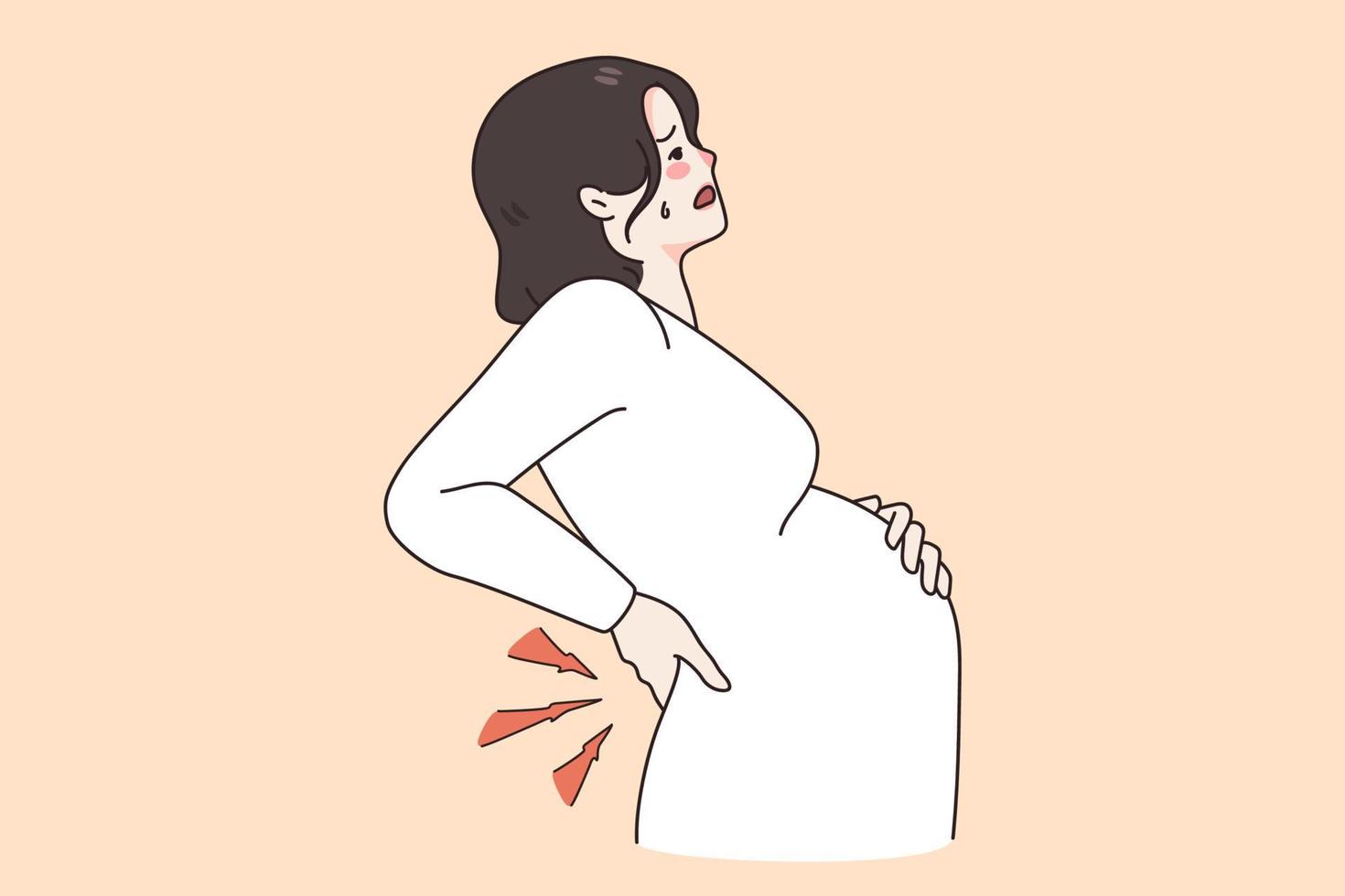 Pregnant women health problems concept. Young pregnant woman with huge belly holding her back feeling contractions before childbirth vector illustration