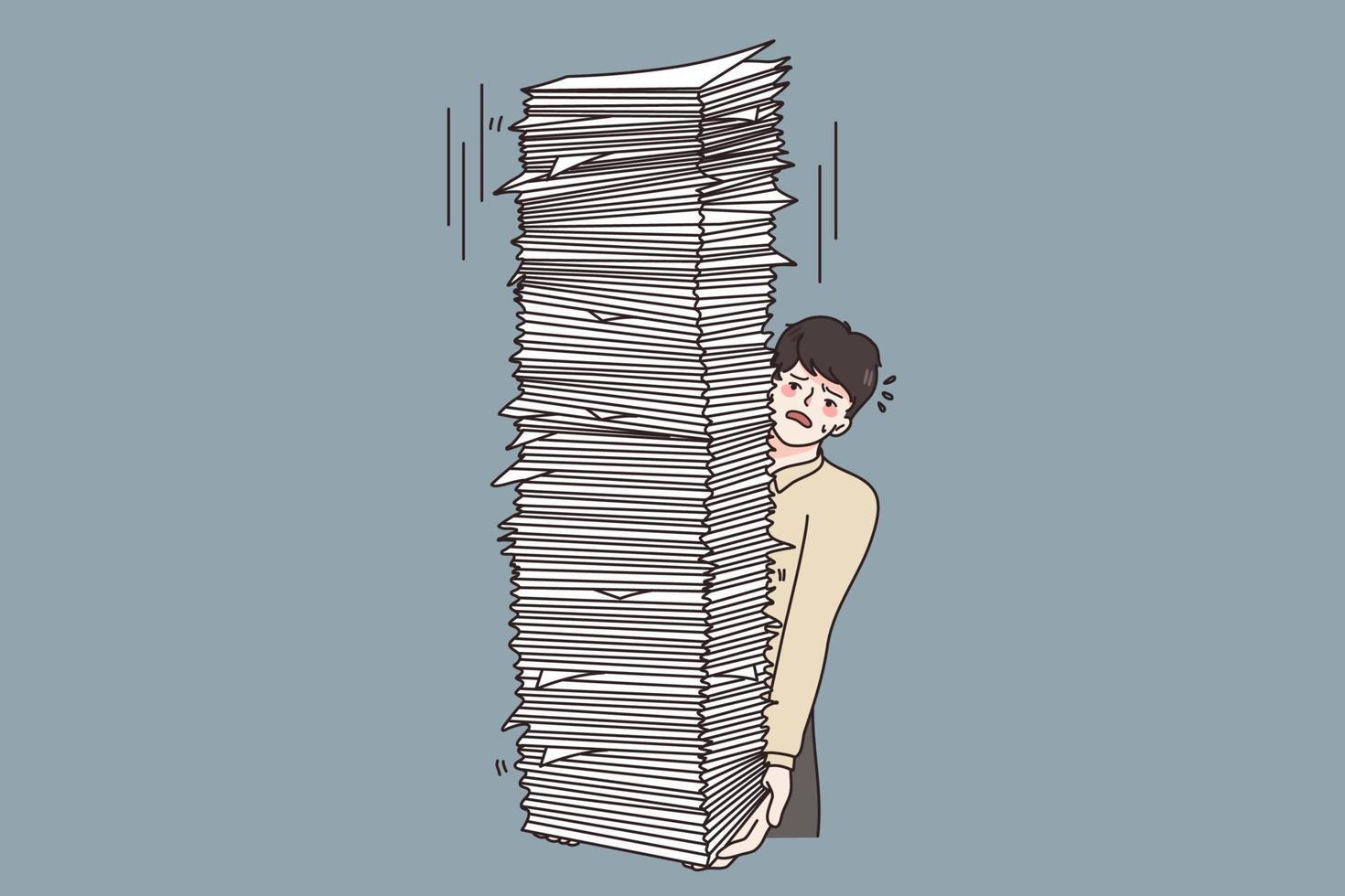 Overwork and pressure at work concept. Young stressed man worker carrying huge stack heap of papers documents feeling tired vector illustration