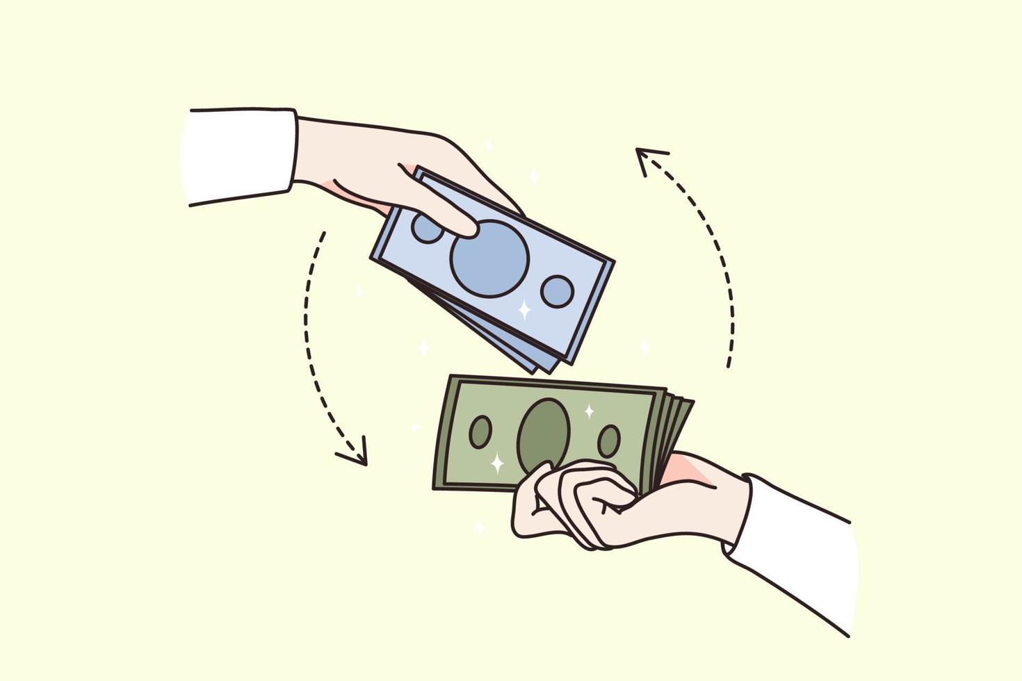 Money exchange and currency concept. Human hands giving and taking blue and green paper money cash to each other vector illustration