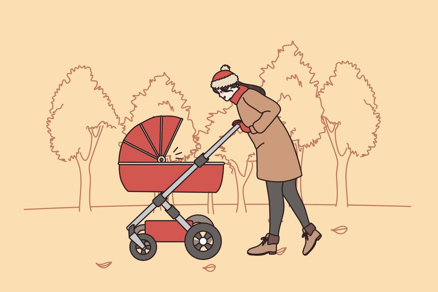 contento maternidad y paternidad concepto. joven positivo amoroso mujer madre caminando con su bebé en paseante en otoño parque al aire libre vector ilustración