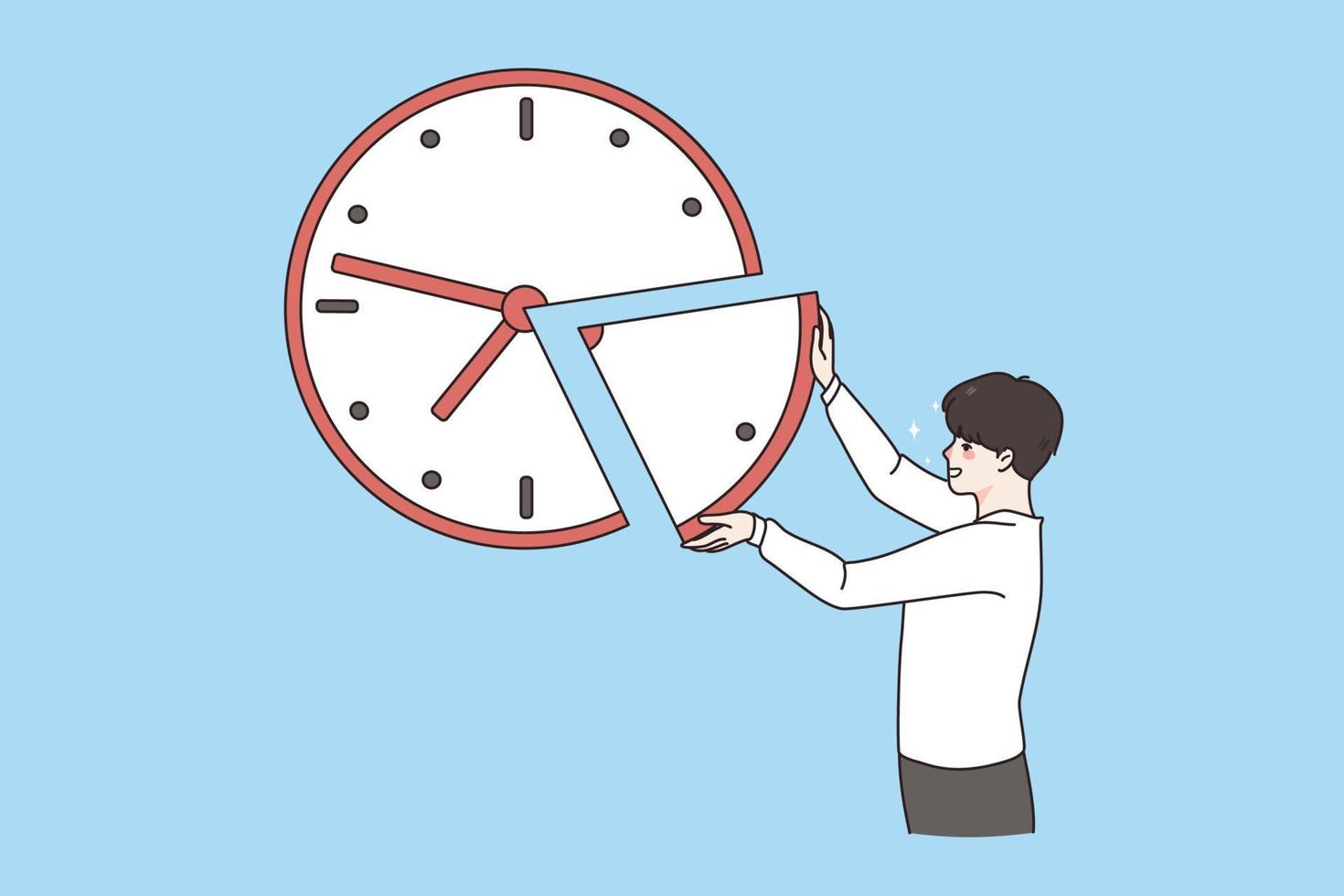 hora fecha límite y administración concepto. joven positivo hombre en pie y formando todo imagen agregando uno desaparecido pedazo a enorme reloj reloj terminado azul antecedentes vector ilustración