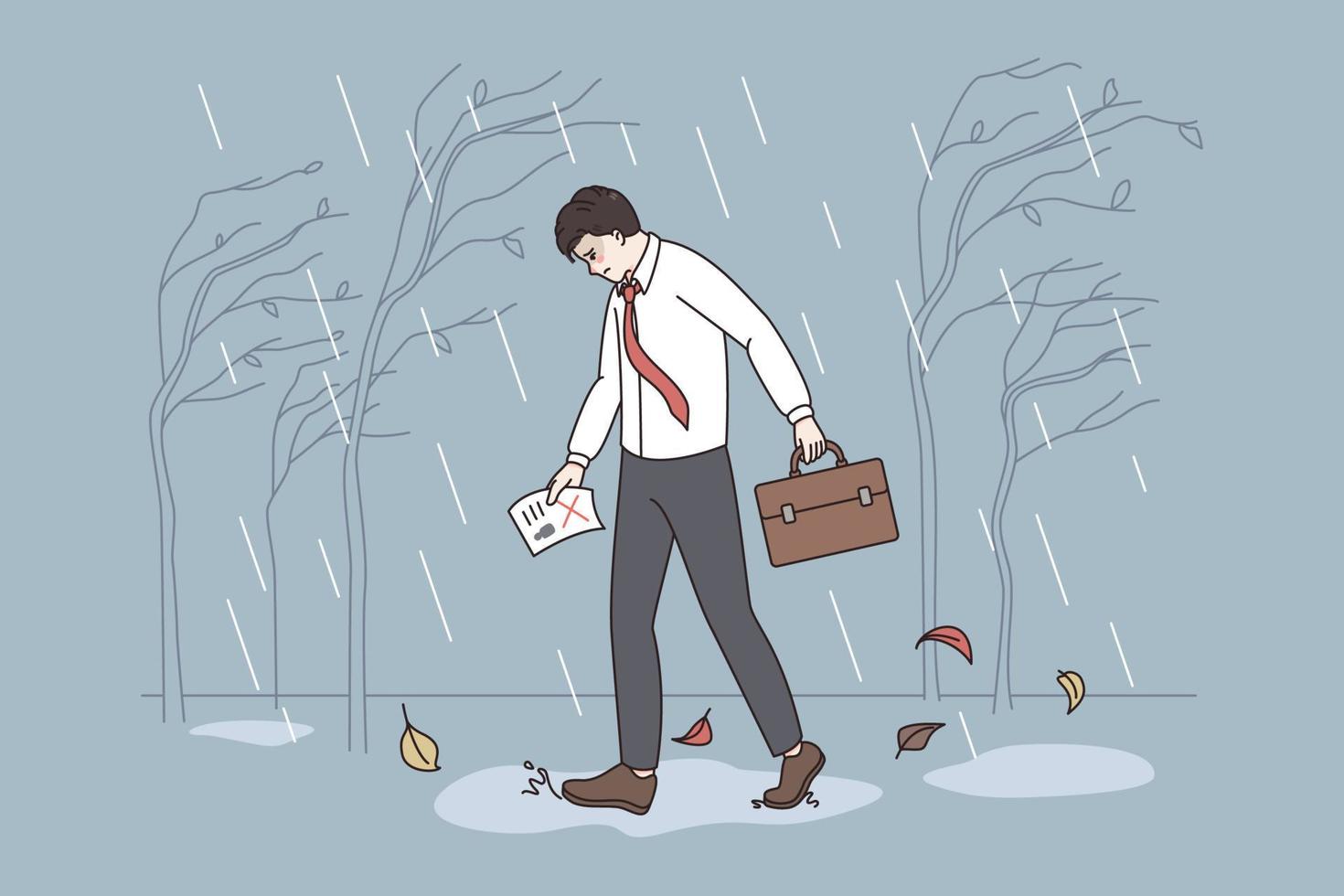 Failure at interview and negative emotions concept. Young stressed depressed man worker walking alone under rain with declining paper in his hand vector illustration