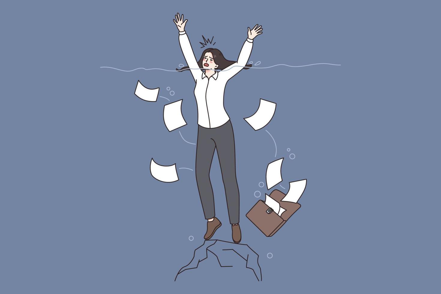 Business pressure and crisis concept. Young business woman drowning in deep waters with case and heap of papers vector illustration