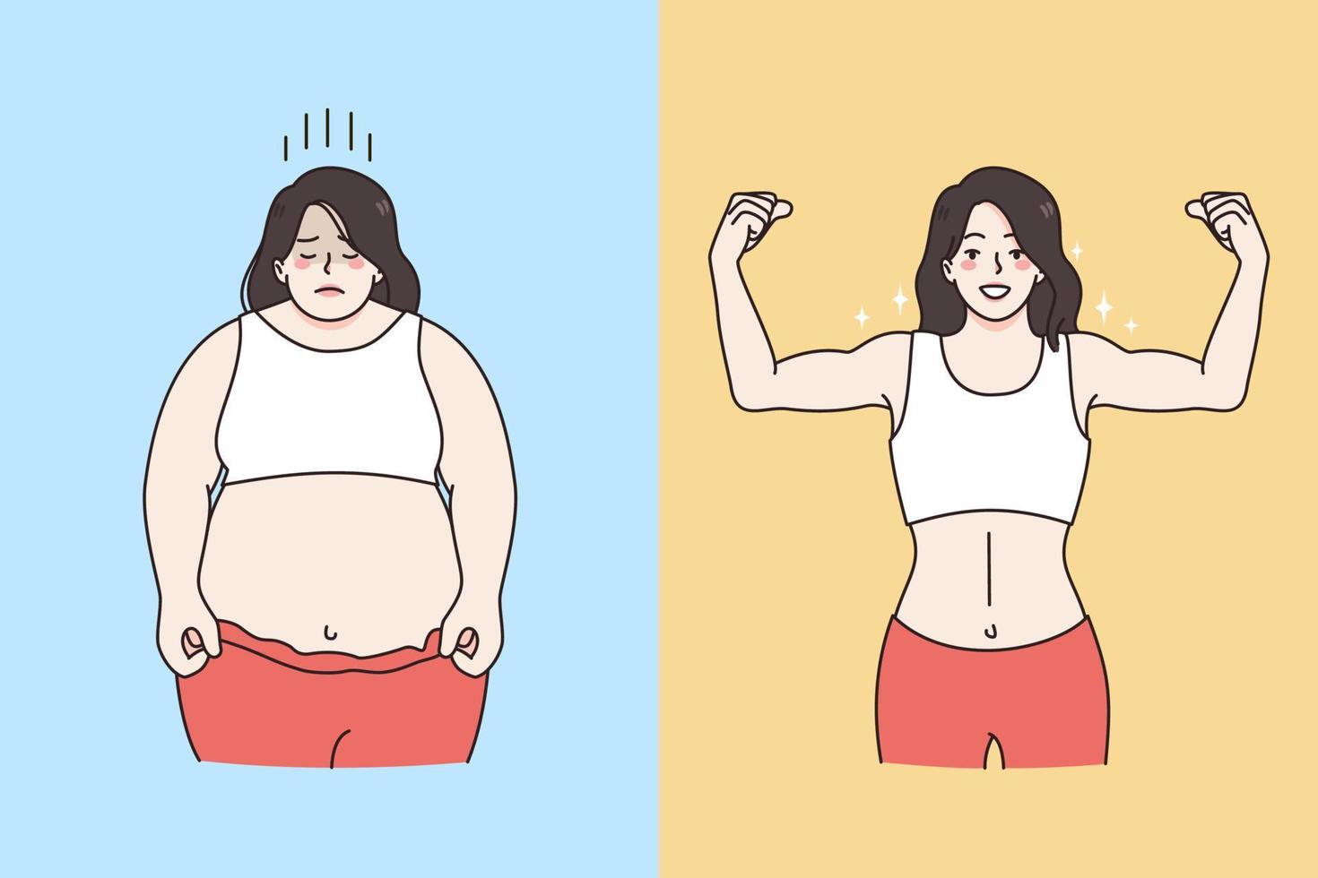 grasa y exceso de peso figura concepto. triste Deprimido grasa exceso de peso mujer en pie opuesto Delgado deportivo y abeto forma hembra vector ilustración