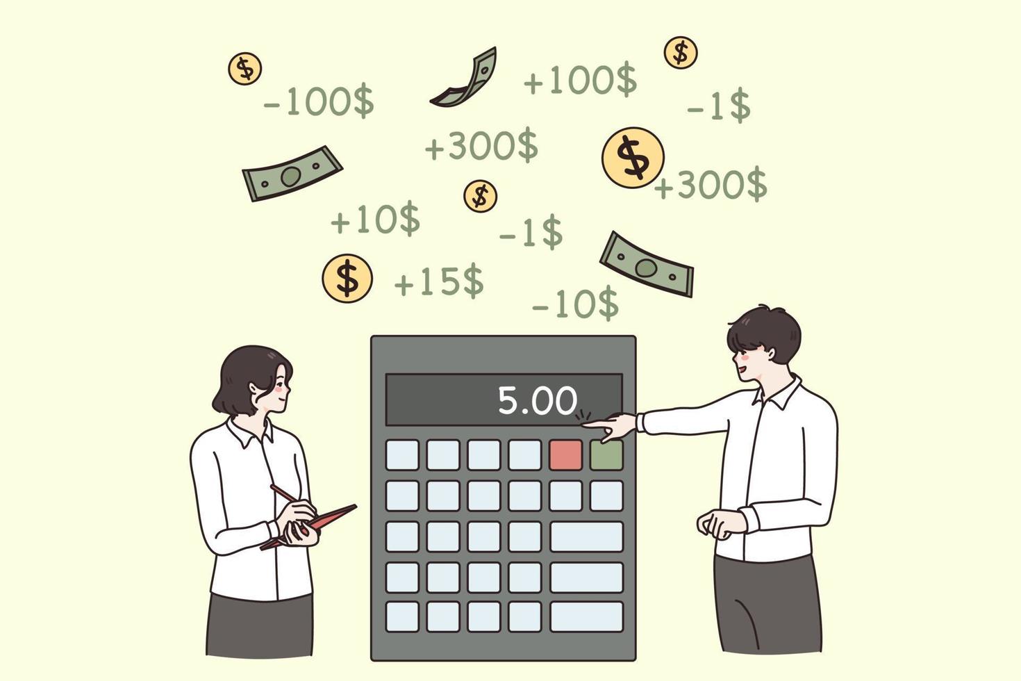 Financial data and calculating concept. Positive asian man and woman colleagues standing and calculating expenses and financial situation vector illustration