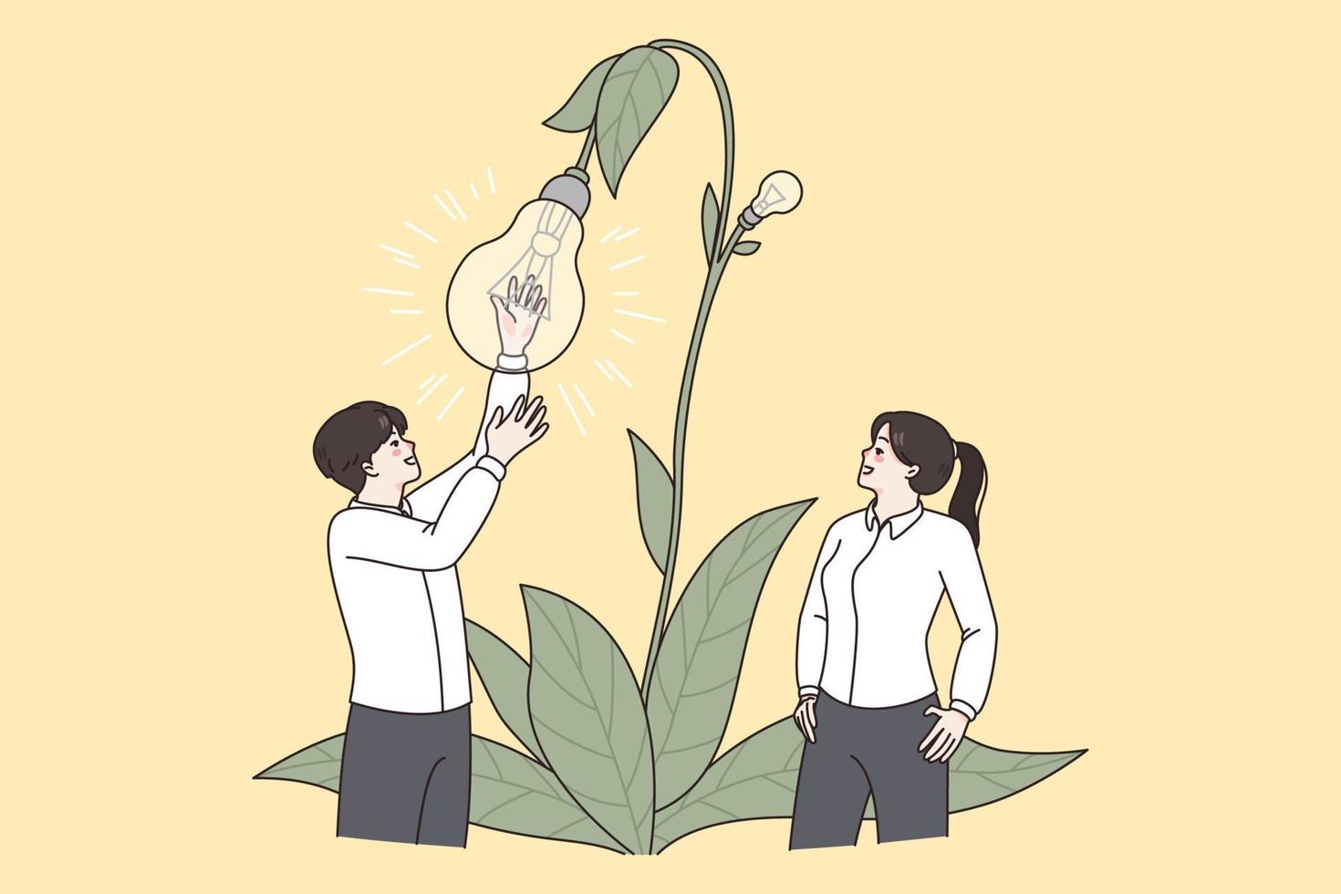 creativo idea y trabajo en equipo concepto. positivo colegas hombre y mujer negocio socios en pie y participación floreciente planta con ligero bulbo como flor vector ilustración