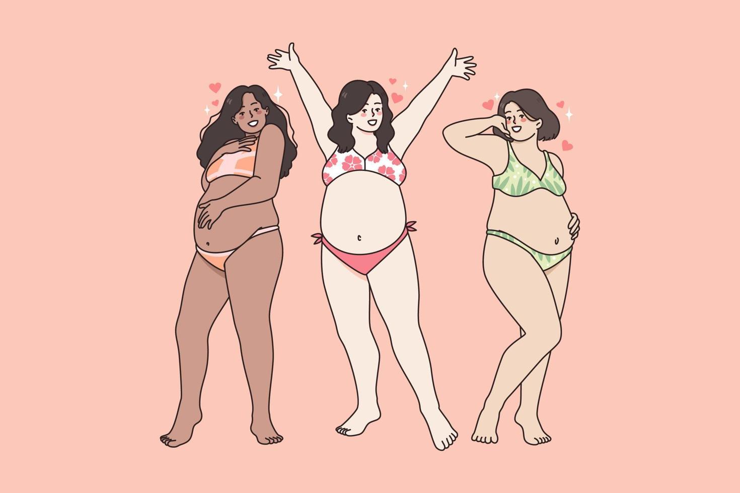 cuerpo positivo y yo amor concepto. grupo de positivo exceso de peso mujer estoy trajes de baño en pie y sensación gratis y relajado disfrutando su cuerpos vector ilustración