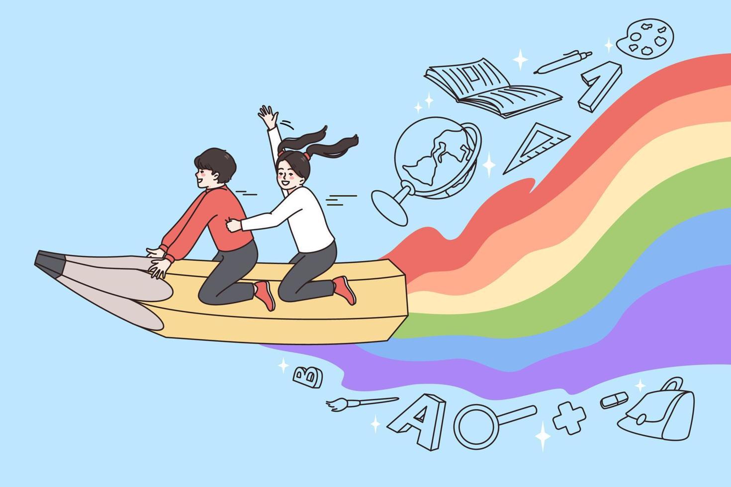 Children enjoying drawing and painting concept. Two friends kids boy and girl sitting on pencil with rainbow shadow flying over sky vector illustration