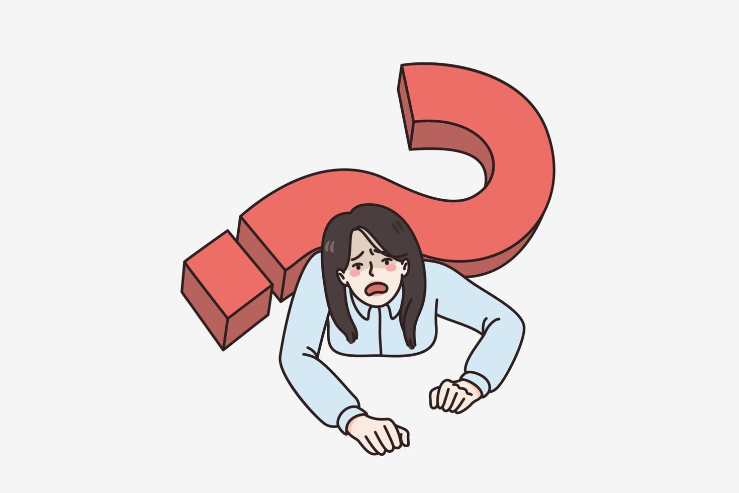 Feeling doubt and pressure concept. Stressed woman lying and feeling pressure from huge heavy question sign on her back vector illustration