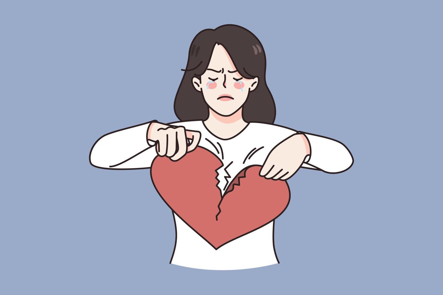 Breaking up and Broken heart concept. Young sad unhappy disappointed crying woman standing and breaking huge red heart into pieces vector illustration