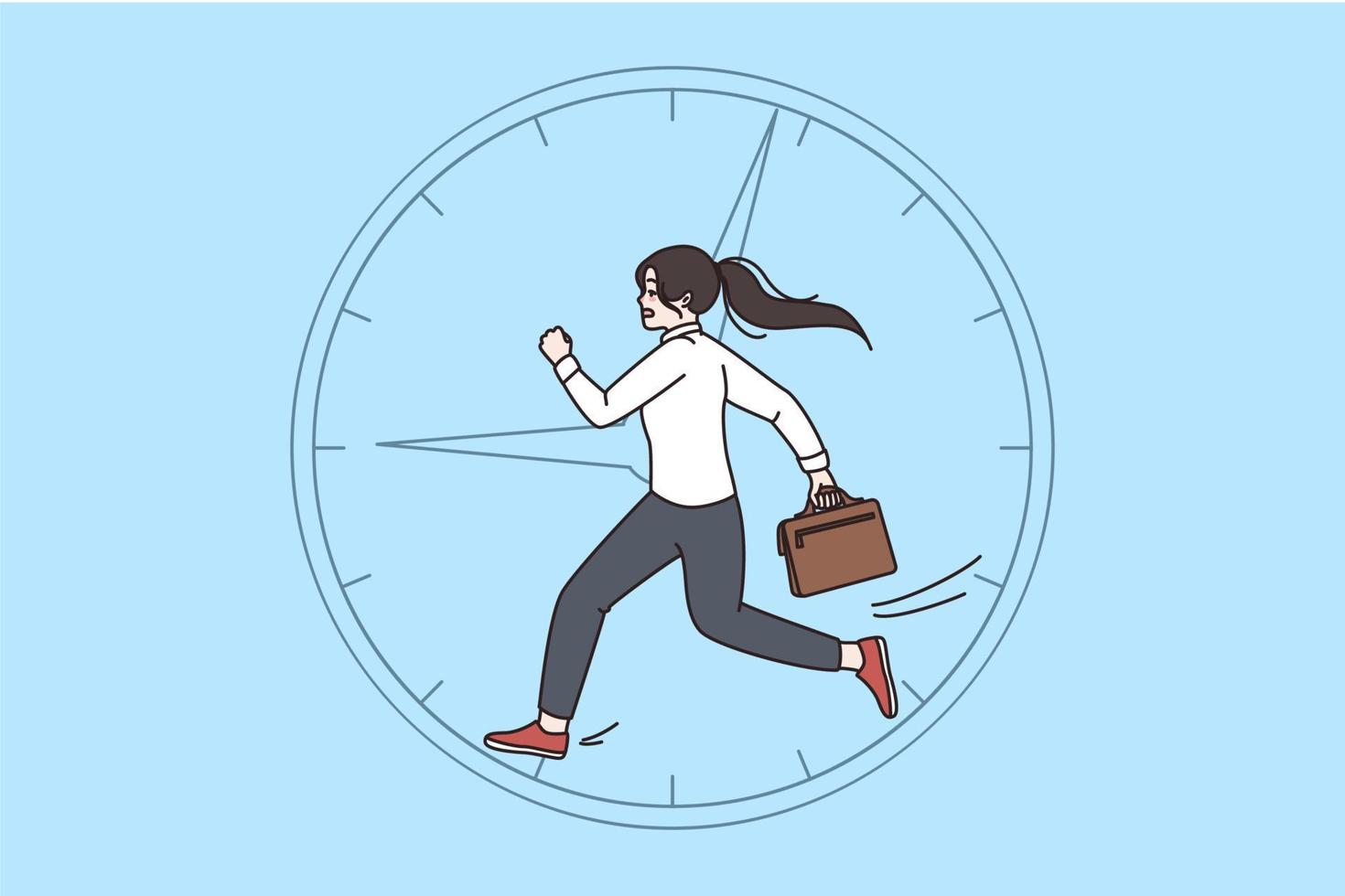 Overwork exhaustion and endless run concept. Tired young business woman worker running in circle feeling exhausted and stressed vector illustration
