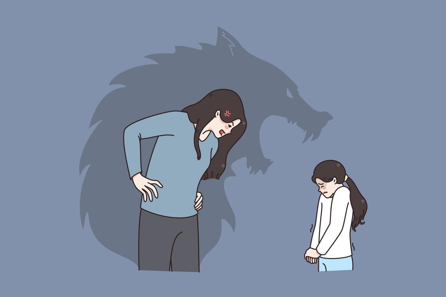 Home harassment and fears concept. Angry furious woman mother standing and shouting at afraid terrified daughter girl seeing her as huge wolf vector illustration