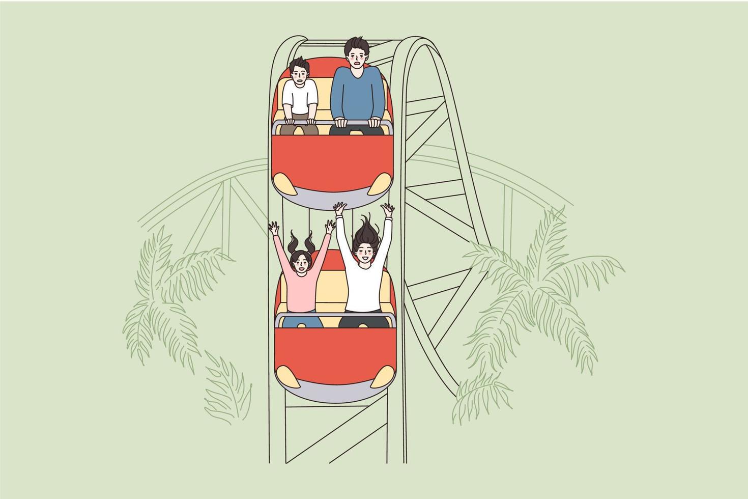 Amusement park and attraction concept. Afraid scared and happy excited people sitting and having fun or panic during attraction ride vector illustration