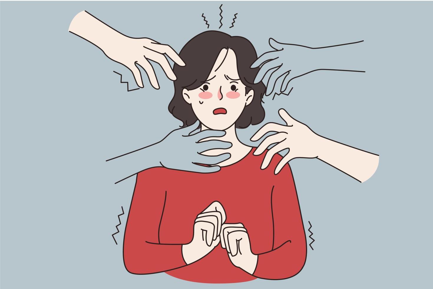 Hands stretched to anxious unhappy scared woman suffer from panic attack. Frightened terrified worried female struggle with psychology mental disorder. Anxiety concept. Flat vector illustration.