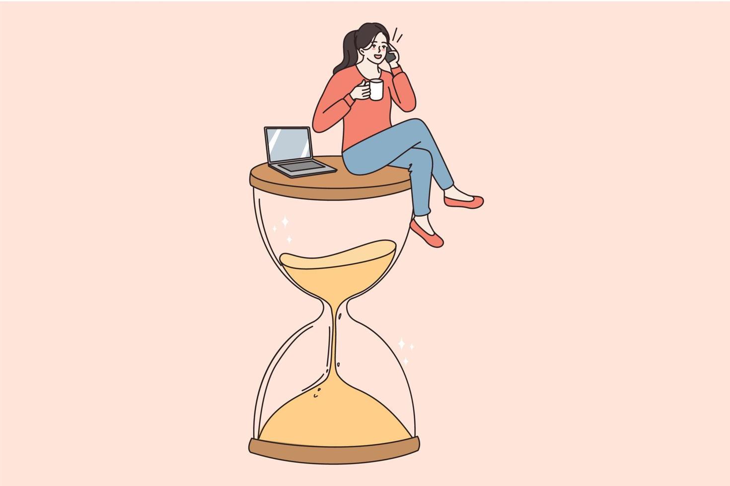 Smiling woman employee sit on huge hourglass work on computer talk on cellphone. Businesswoman distracted from laptop job drink coffee have phone call. Time waste. Vector illustration.