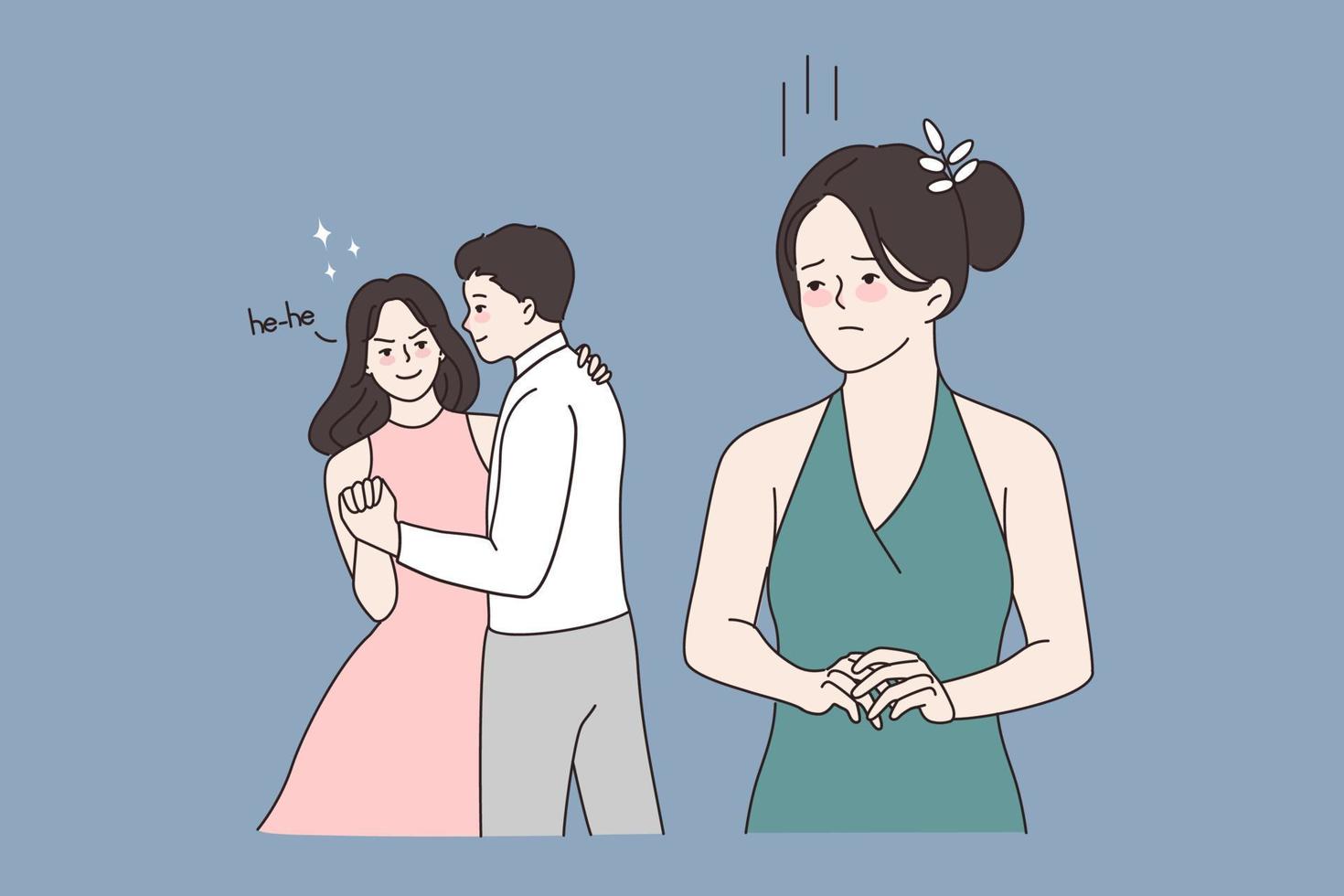 triste joven mujer celoso de Pareja amantes bailando en Boda o ocasión. soltero niña sensación solitario envidia de dama con hombre. celos, relación, soledad concepto. plano vector ilustración.