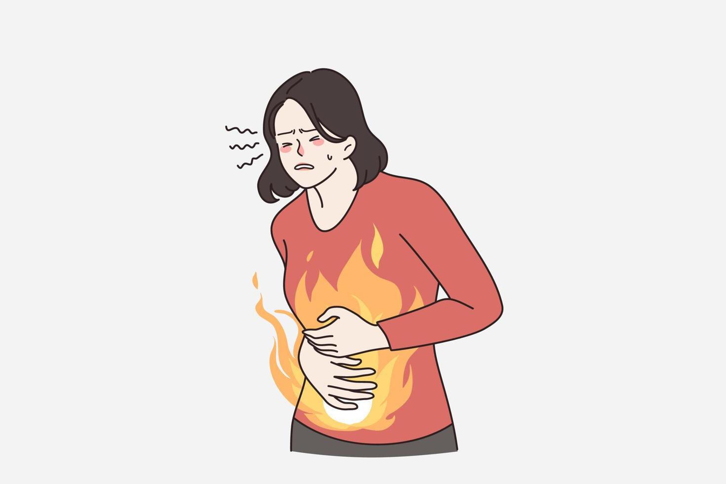 Unhealthy woman suffer from stomach ache or gastritis. Unwell female touch belly struggle with abdominal pain. Diarrhea or constipation. Gastric disease or bloating. Flat vector illustration.