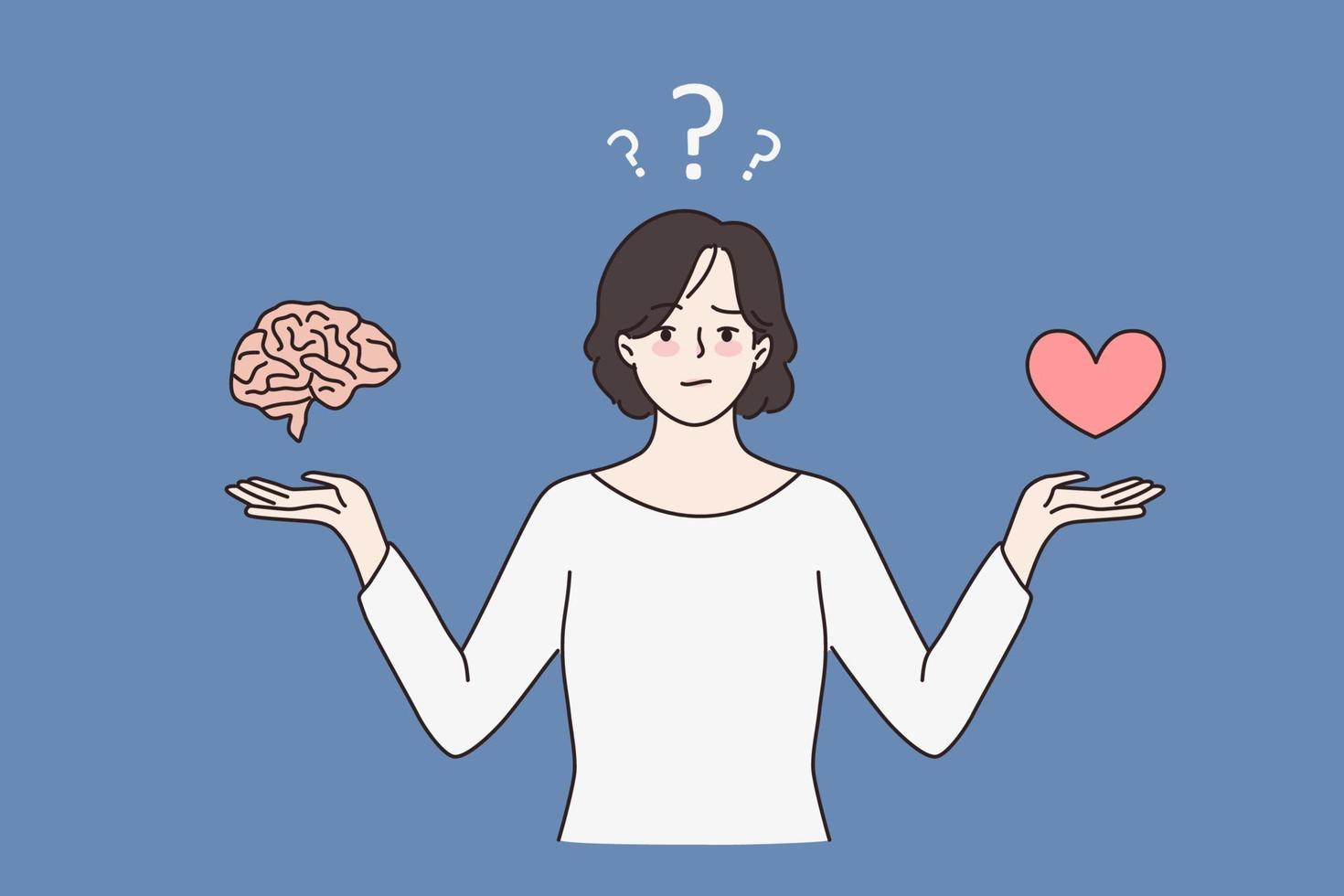 Unsure doubtful woman choose between brain and heart. Indecisive girl make choice among love and reason. Harmony and balance. Emotional intelligence. Thinking and emotions. Vector illustration.