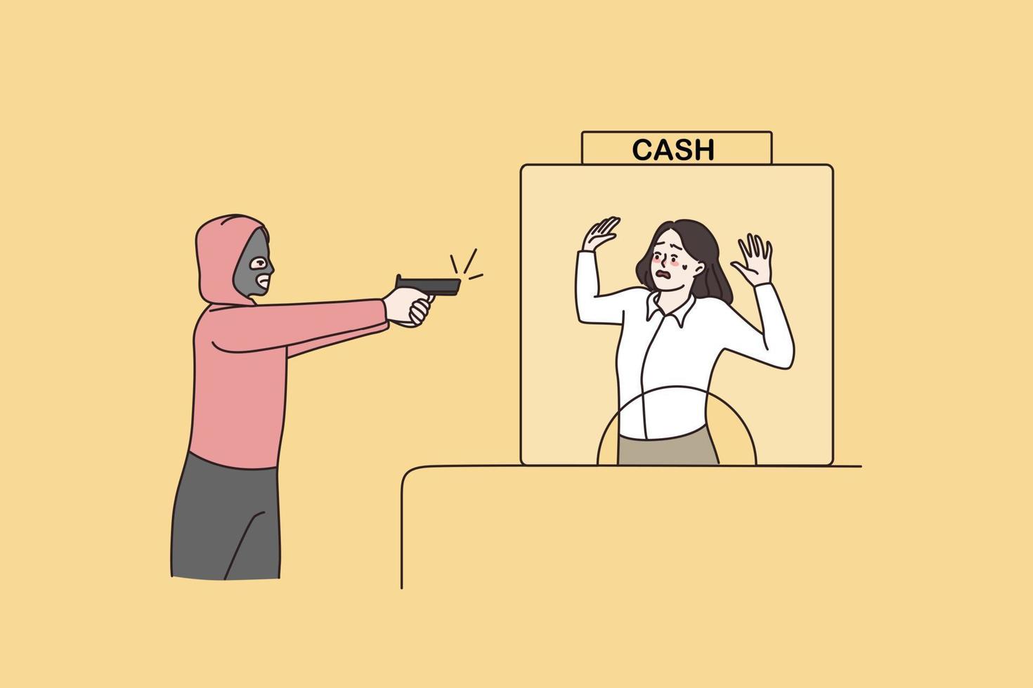 Armed criminal in mask threaten bank employee with gun commit robbery. Thief robber demand cash endanger female clerk with weapon. Money theft, burglary. Flat vector illustration.