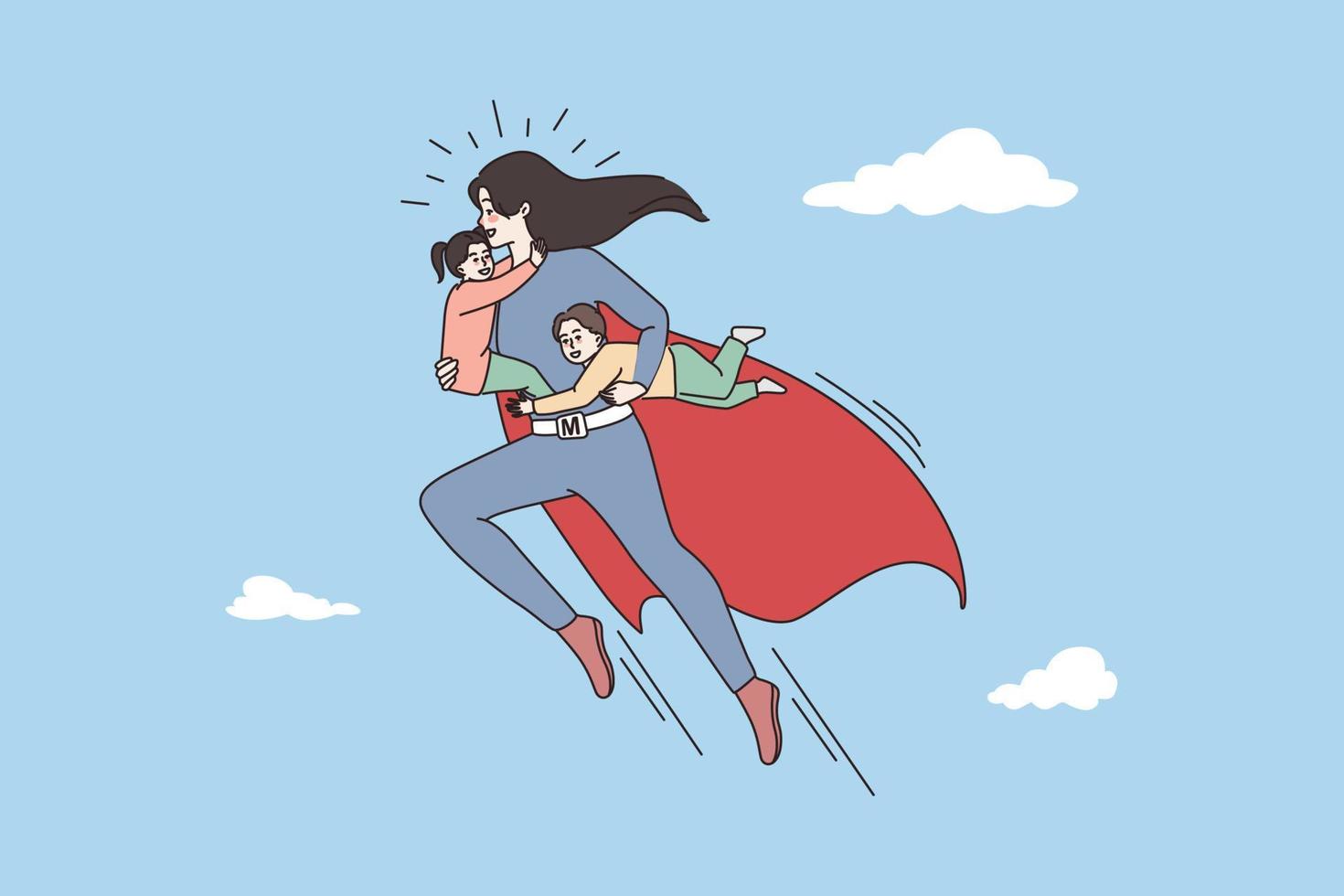 Mother superhero holding children flying solving family problems. Busy young mom super hero with kids rule manage daily routine activity. Motherhood, parenthood concept. Flat vector illustration.