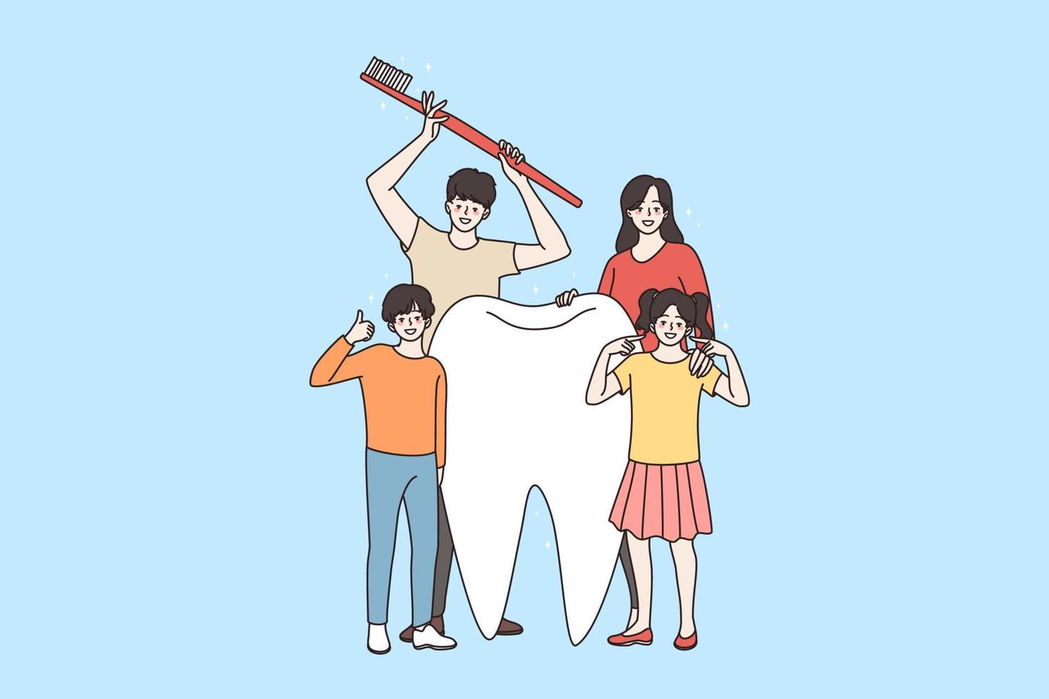 Happy young Caucasian family with children stand next to huge tooth encourage teeth hygiene and care. Smiling parents with kids recommend oral care. Dentist treatment. Flat vector illustration.