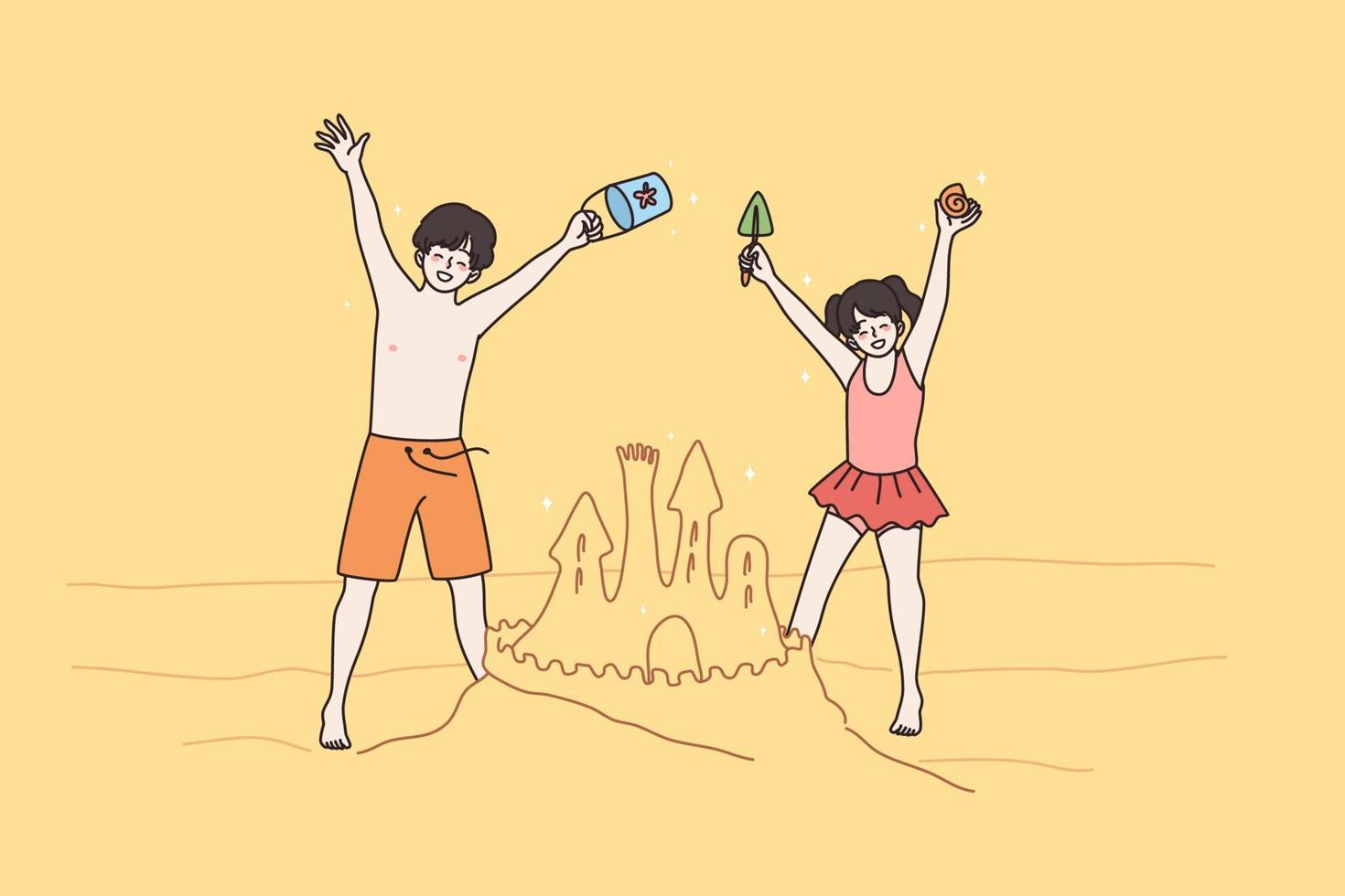 Happy small children play in sand on beach enjoy summer vacation. Smiling little kids boy and girl have fun building castle on seaside on family sea holidays. Childhood concept. Vector illustration.