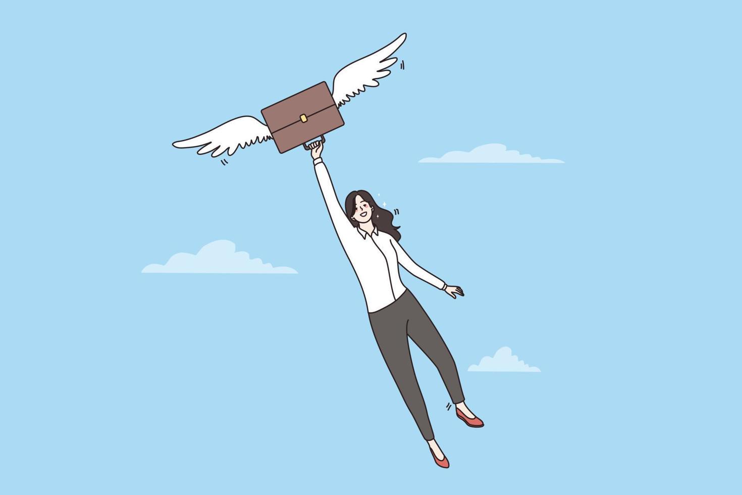 Excited businesswoman fly with her briefcase on wings of success. Smiling woman employee celebrate business goal achievement or success. Career promotion, recruitment. Flat vector illustration.