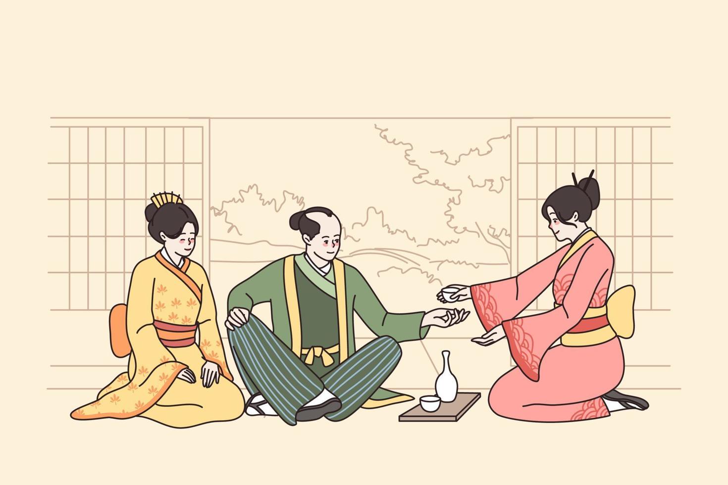 People in Japanese costumes sit on floor have traditional tea ceremony in cafe or restaurant. Men and women in oriental clothing enjoy Japan customs and culture. Flat vector illustration.