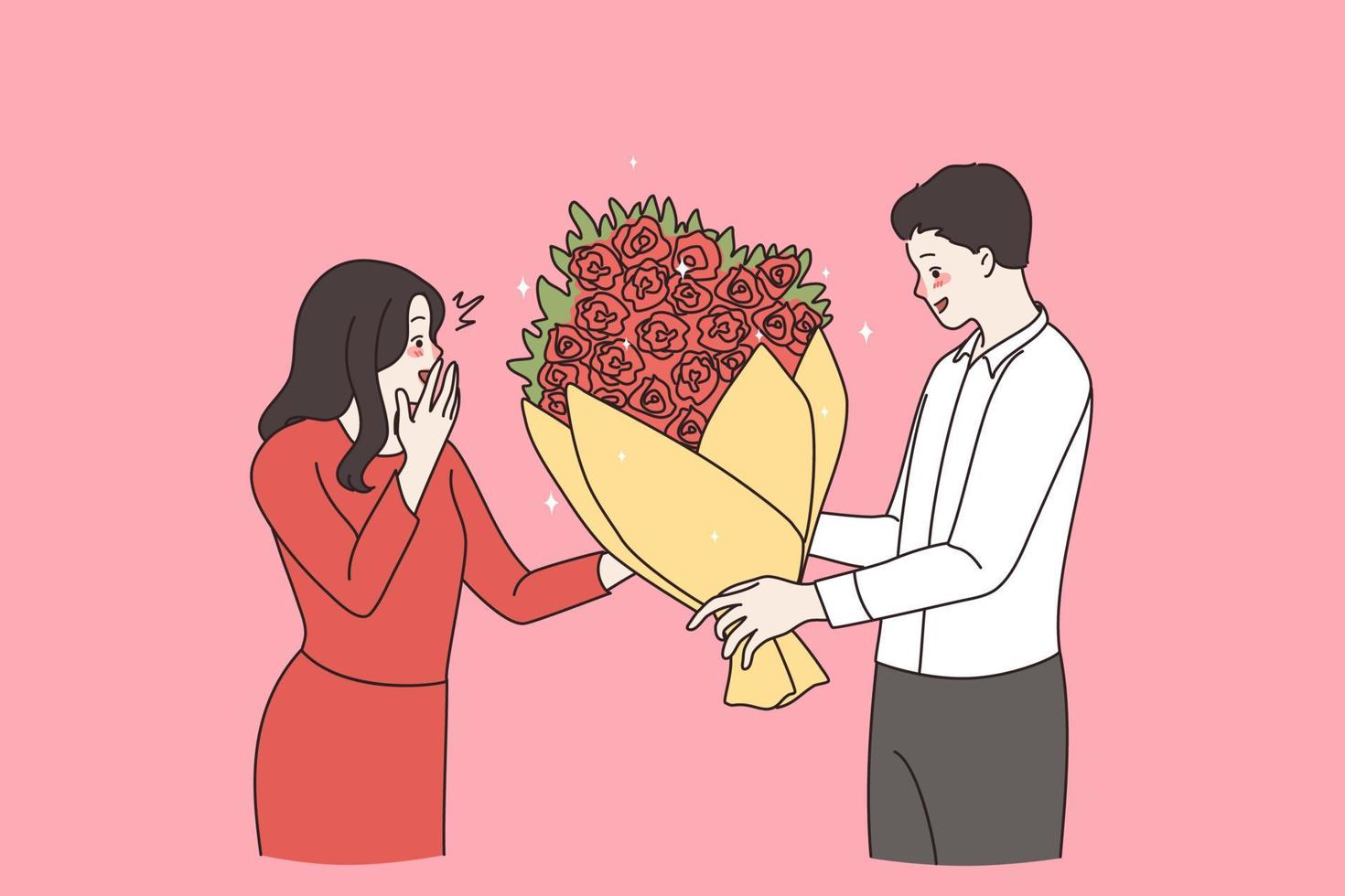 Man give flowers congratulate happy woman lover for Valentine day. Loving boy greeting girl make surprise with floral bouquet. Dating, couple relationships concept. Flat vector illustration.