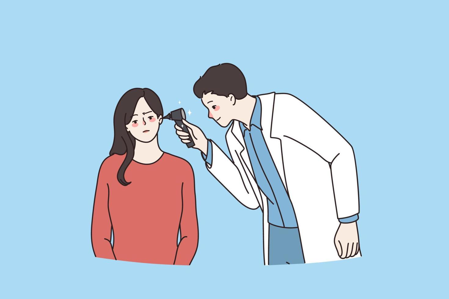 Otolaryngologist check woman patient ear with special equipment. Audiologist doctor examine check girl hearing in hospital or clinic. Medicine, healthcare concept. Flat vector illustration.