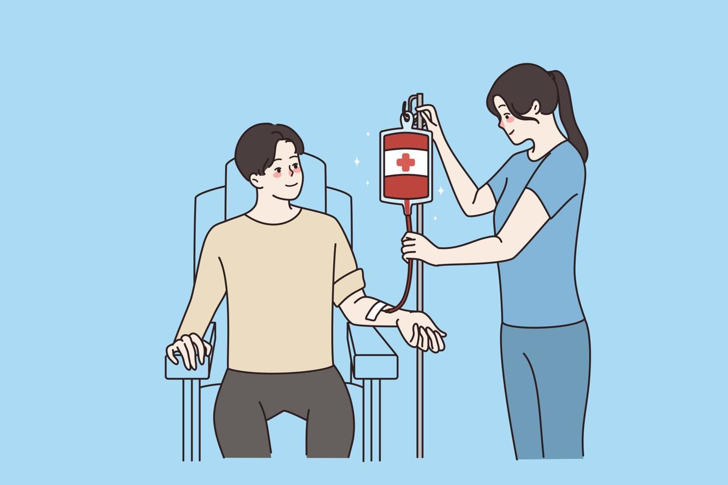 Smiling woman doctor control kind woman donor donate blood to people in need. Female nurse help volunteer with plasma donation in hospital or clinic. Healthcare concept. Vector illustration.