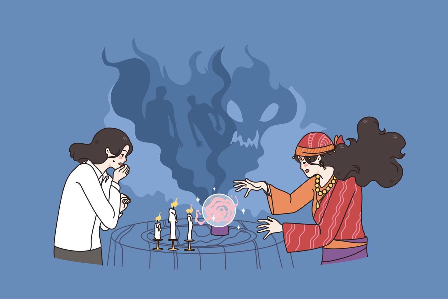 narración fortunas y brujería concepto. joven bruja y cliente ingenioso narración fortunas con velas y magia pelota con fantasmas a pared vector ilustración