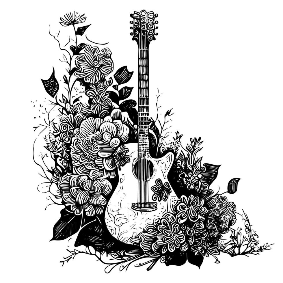 guitarra con floral ornamento es un hermosa y único instrumento. eso caracteristicas intrincado diseños de flores y vides, agregando un toque de elegancia y naturaleza a el clásico guitarra forma vector