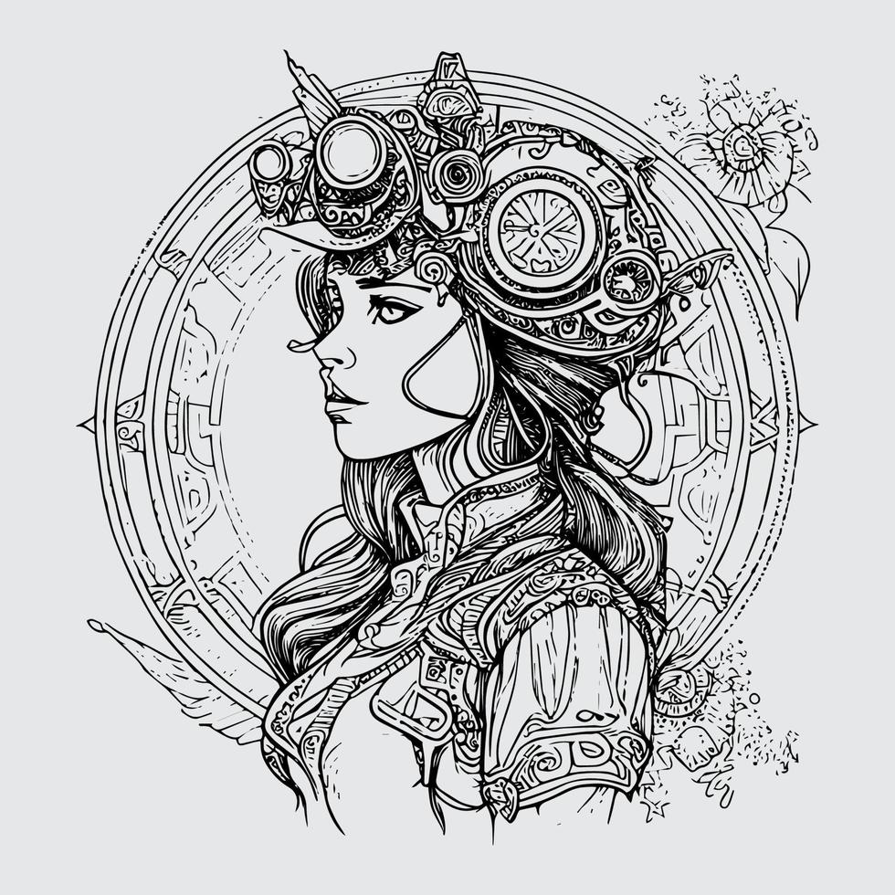 Steampunk niña ilustraciones abrazando el retro-futurista estético de estos único caracteres Steampunk sirena el intrincado y negrita estilo vector