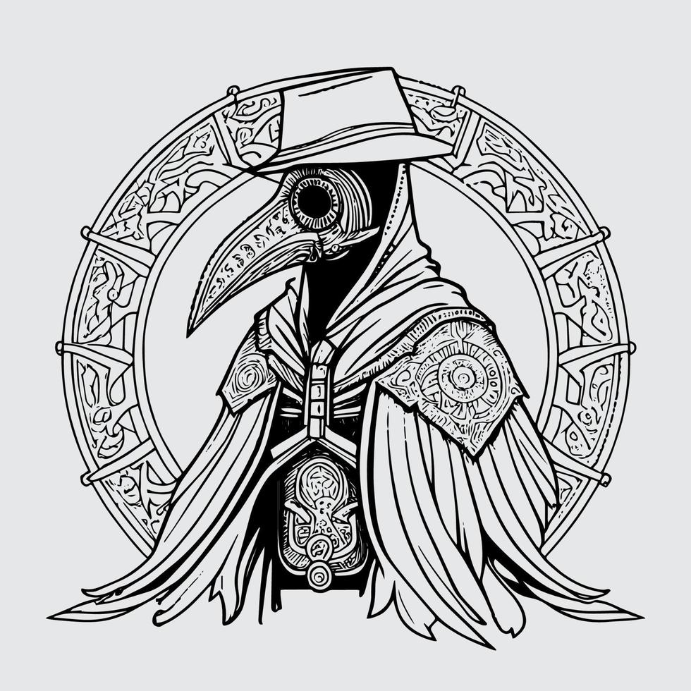 Plague doctor in full attire, beak mask and robe, holding a lantern, standing in a desolate landscape vector