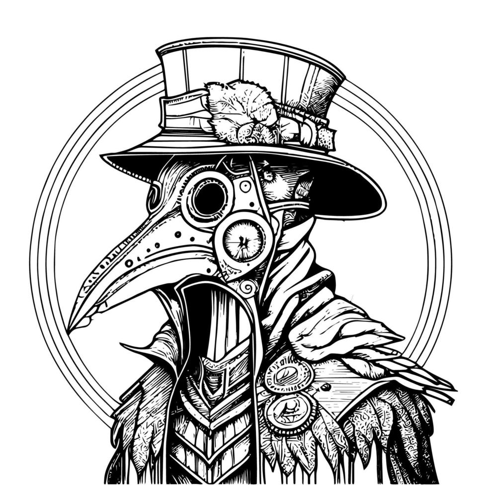 Plague doctor in full attire, beak mask and robe, holding a lantern, standing in a desolate landscape vector