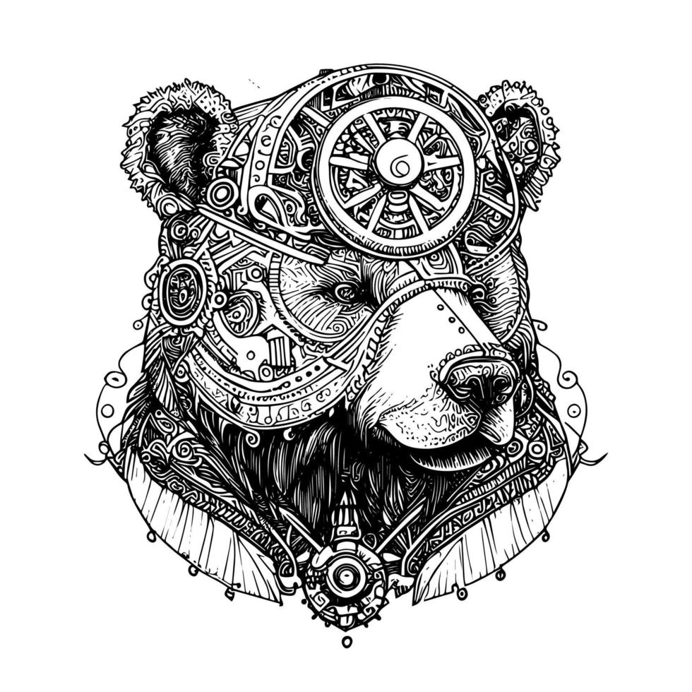 steampunk bear drawing depicts a mechanical bear with gears, pipes and rivets. Its intense gaze and imposing posture convey power and strength vector